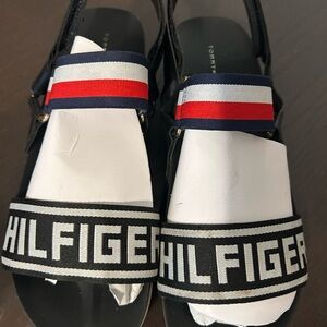 Tommy Hilfiger Black Sandals with Red, White, and Blue Accents